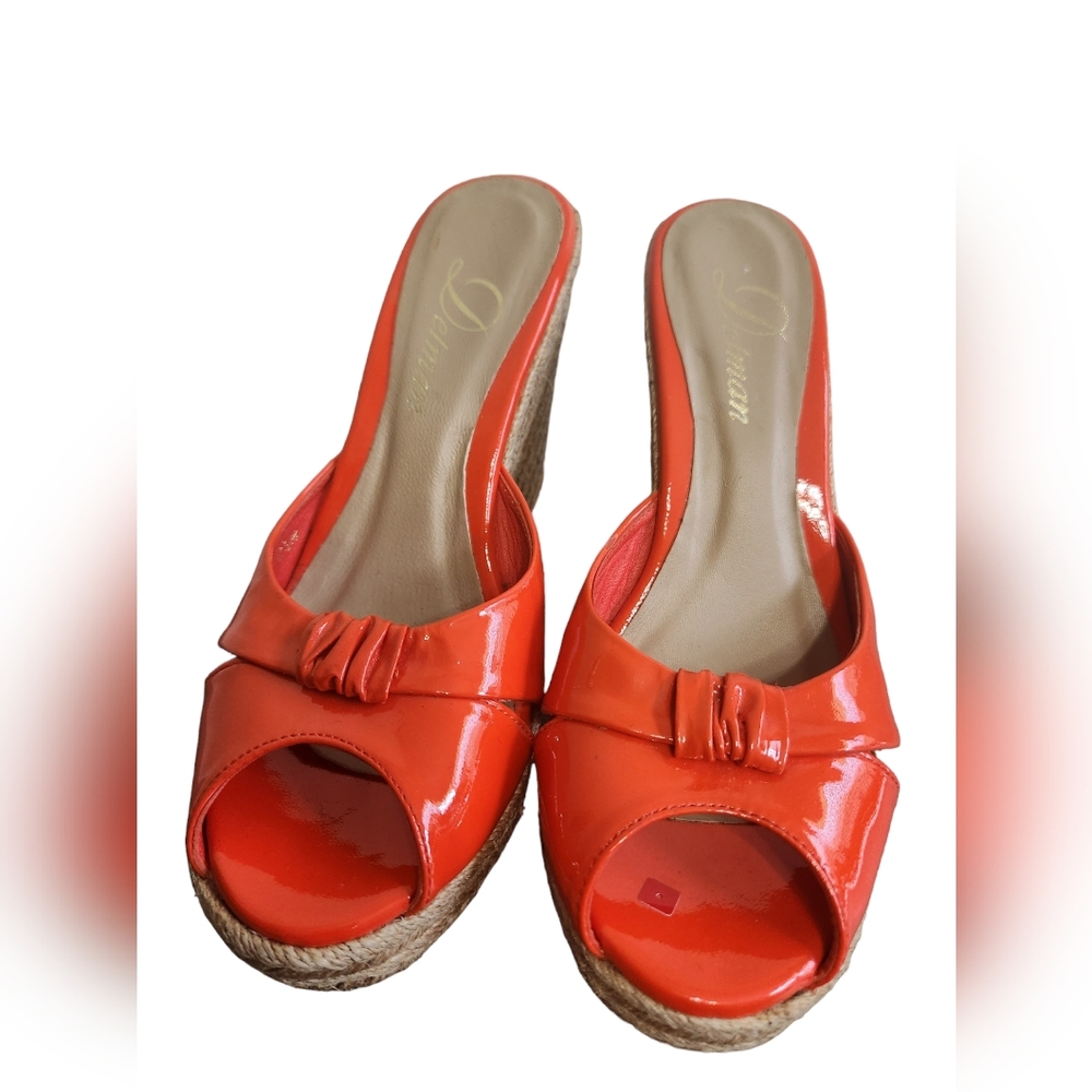 DELMAN Leather Platform Wedge Slides Sz 6.5 Patent Coral Orange Women Sandals